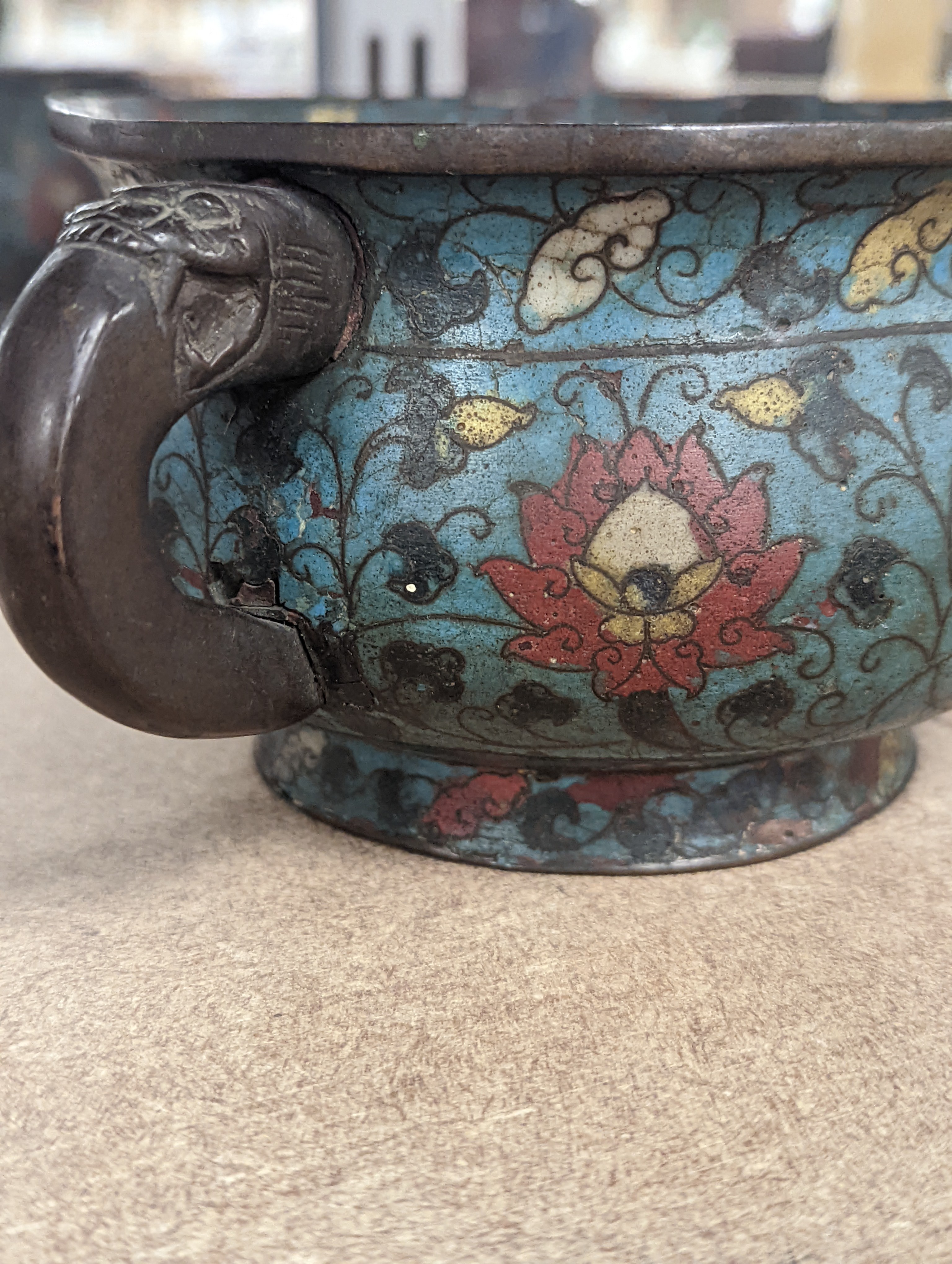 A Chinese late Ming dynasty bronze and cloisonné enamel ding censer 18cm
